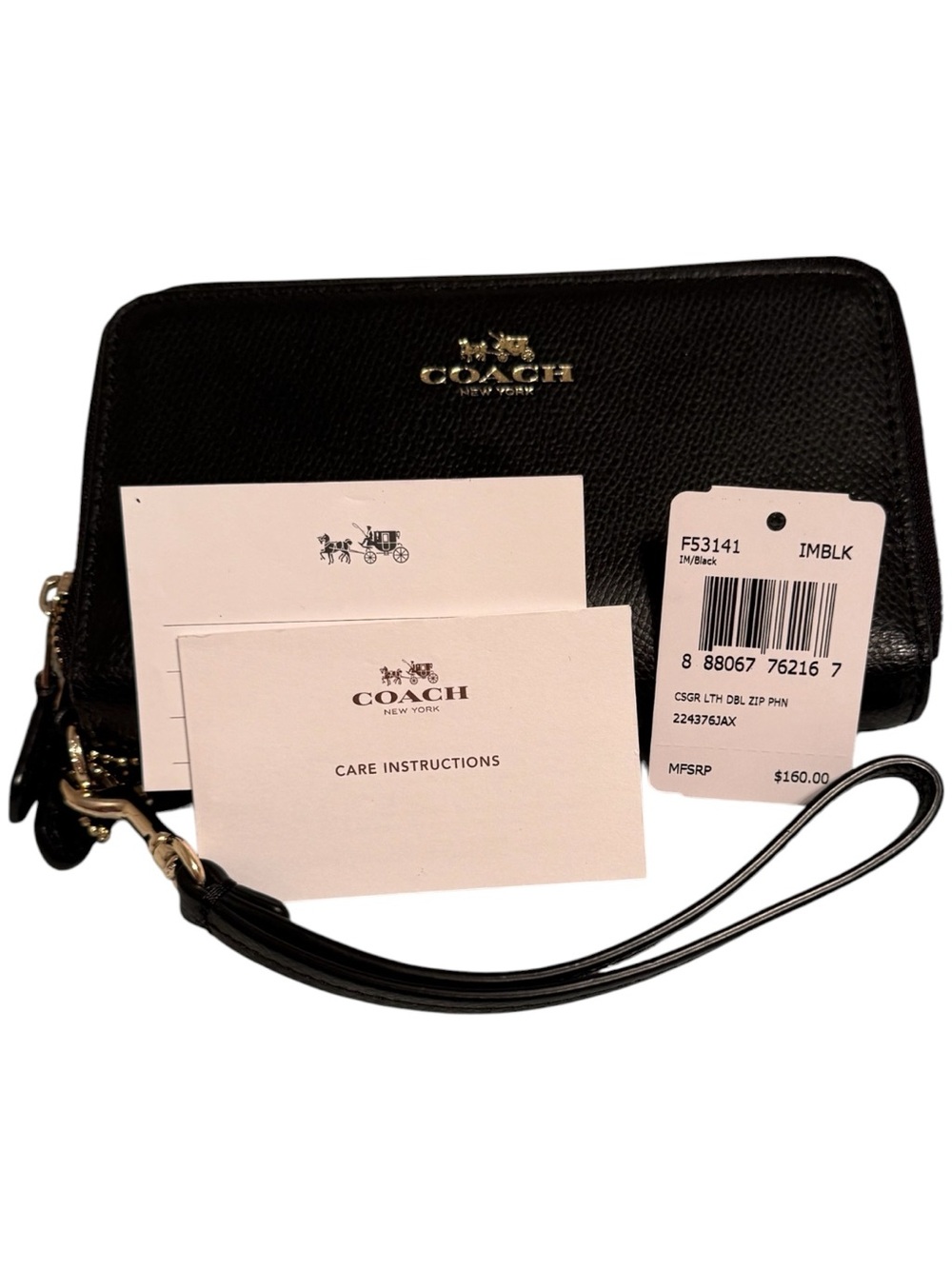 The Coach Crossgrain Leather Double Zip Phone Wallet Wristlet Black Excellent Co